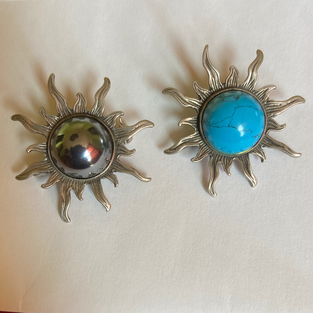 Silver Sunburst Brooch Set with Blue and Multicolor Stones